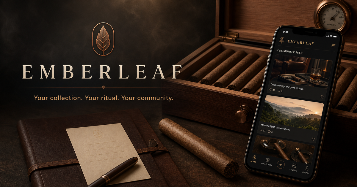 Emberleaf presented beside a cedar humidor and journal